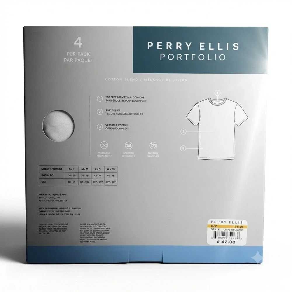 Perry Ellis Portfolio Crew Neck Undershirt Mens Small Multicolor 4-Pack Cotton